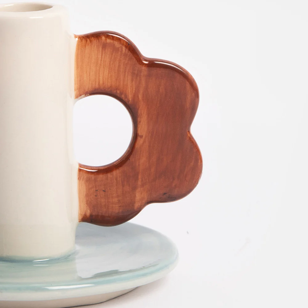 Blue/Brown Flower Stoneware Candle Holder - Image 3