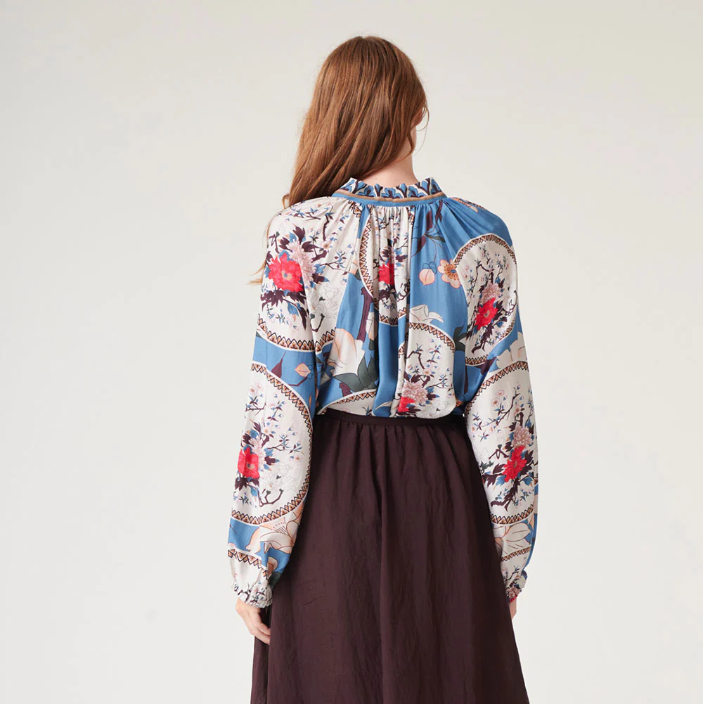 Blue Magnolia Plates Pussy Bow Shirt - Image 3